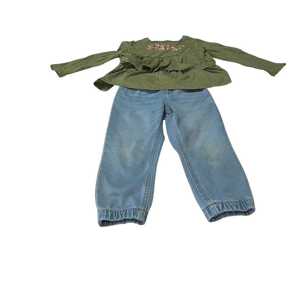 Garanimals Girls 4T Outfit Set Olive Green Smile Top & Baby Gap Denim Joggers